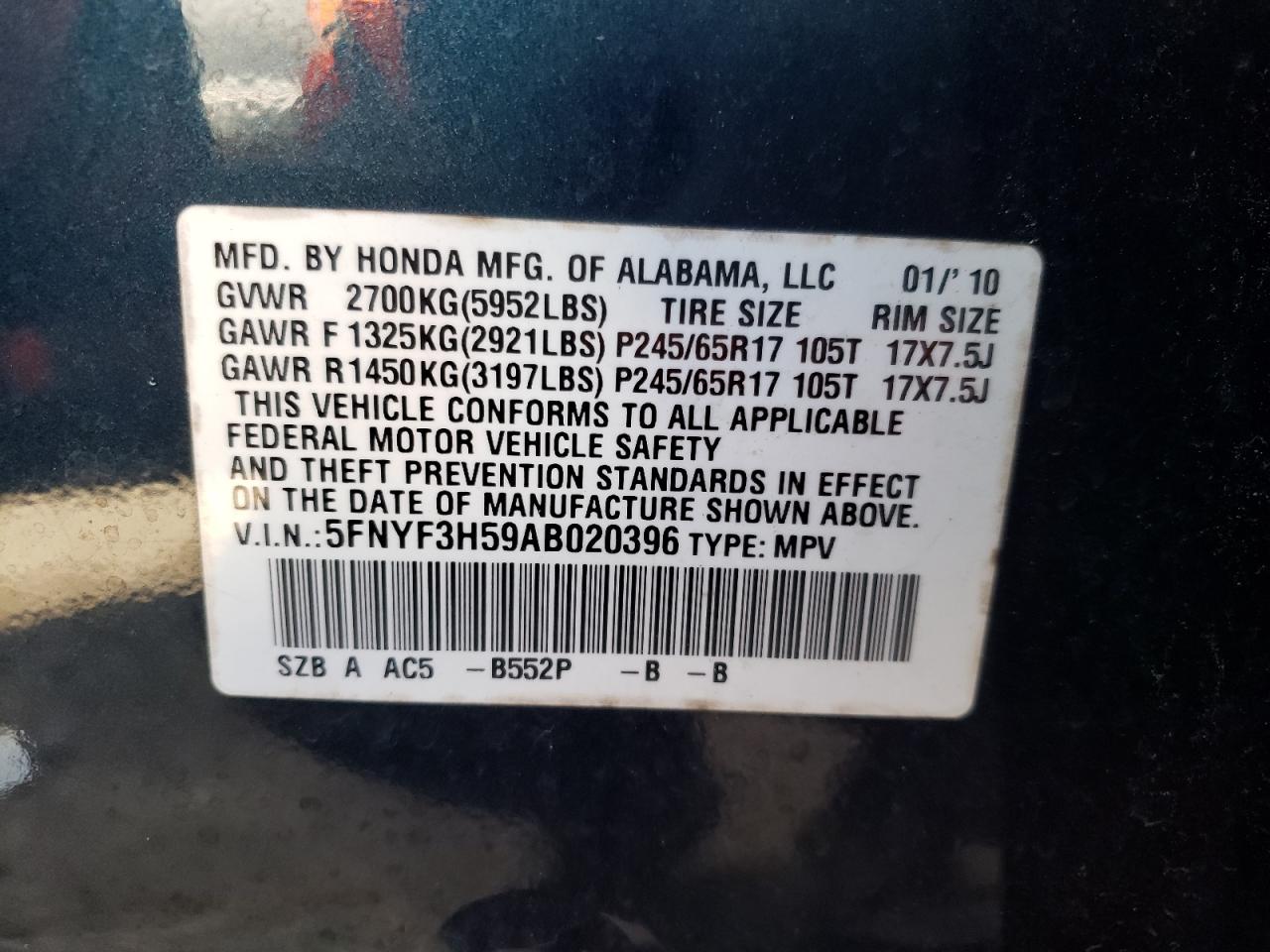 Photo 10 from auction – 2010 HONDA PILOT EXL with VIN 5FNYF3H59AB020396