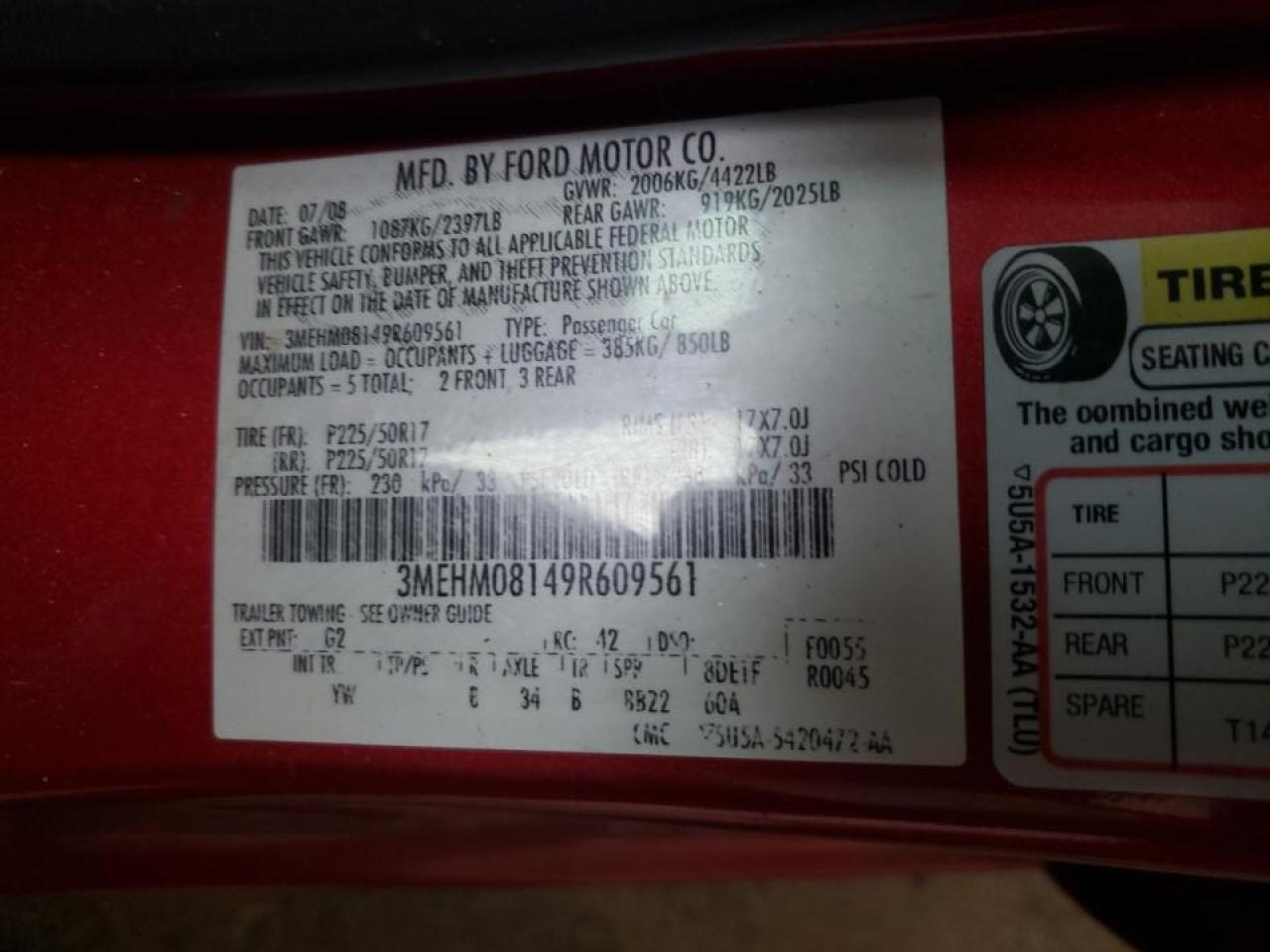 Photo 10 from auction – 2009 MERCURY MILAN PREM with VIN 3MEHM08149R609561