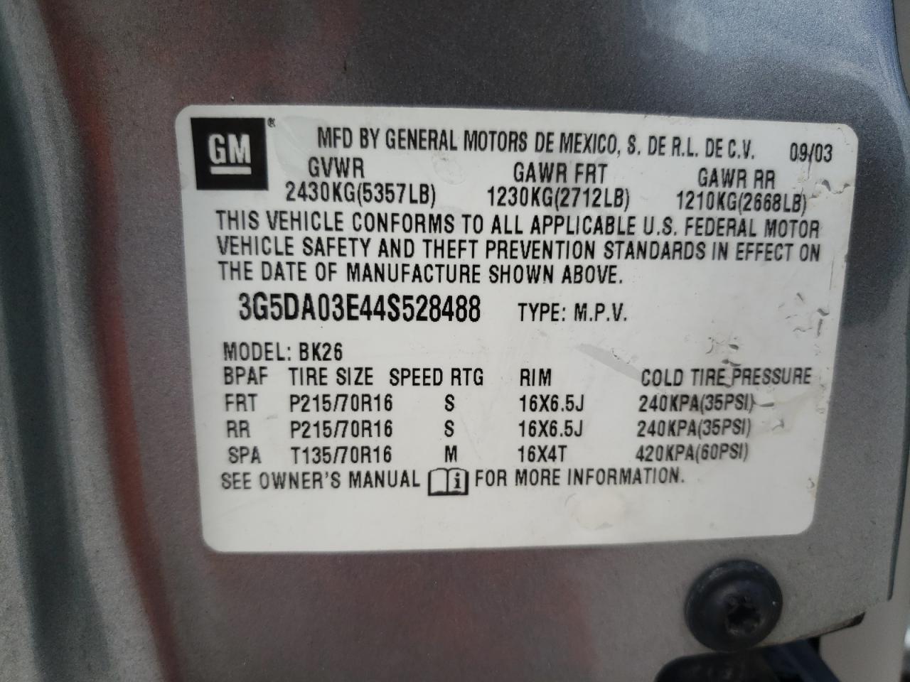 Photo 10 from auction – 2004 BUICK RENDEZVOUS with VIN 3G5DA03E44S528488