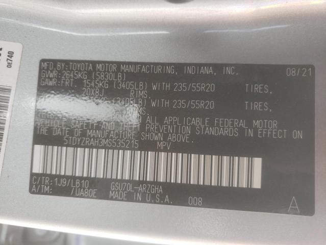 Photo 10 from auction – 2021 TOYOTA HIGHLANDER with VIN 5TDYZRAH3MS535215