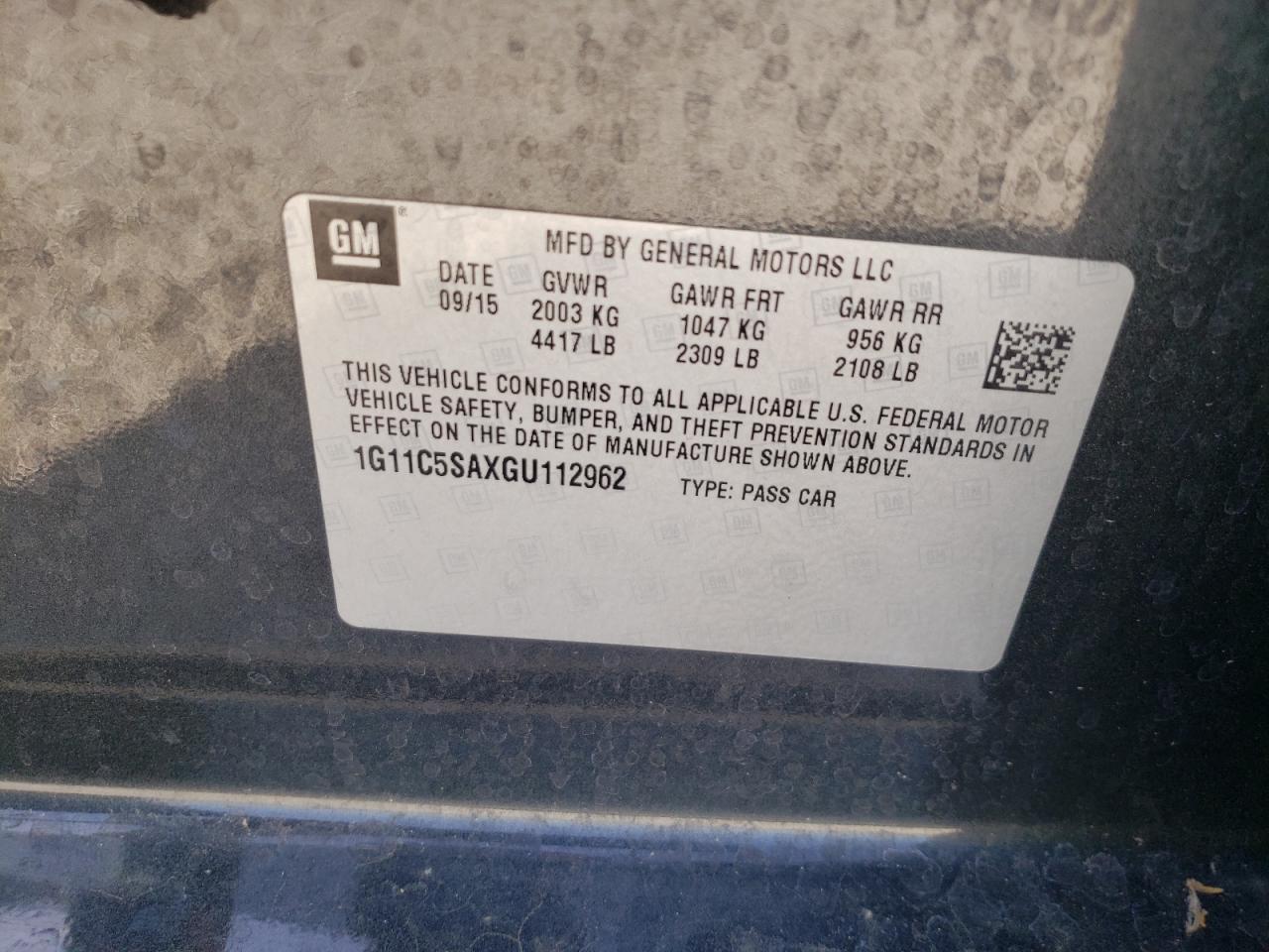 Photo 10 from auction – 2016 CHEVROLET MALIBU with VIN 1G11C5SAXGU112962