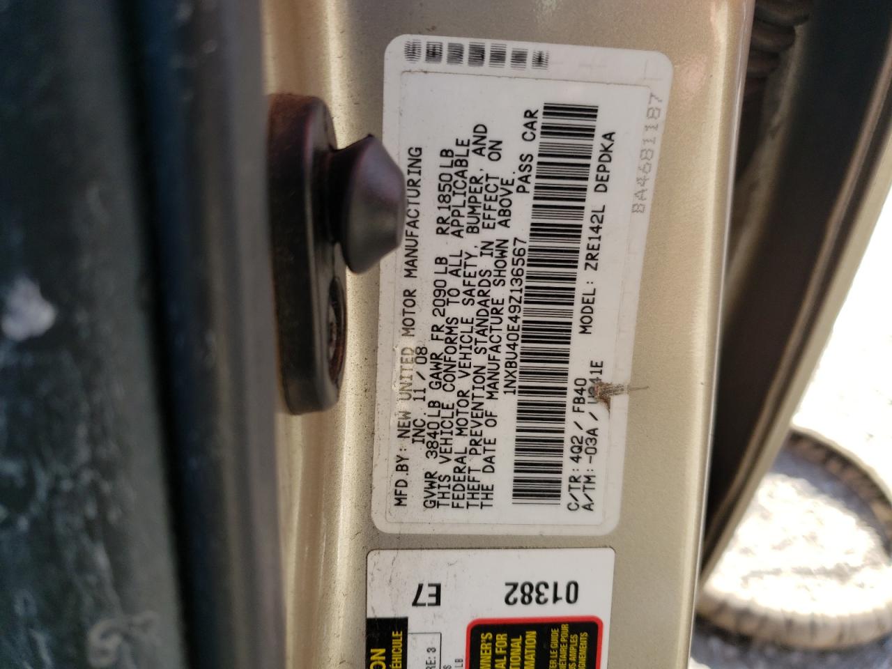 Photo 10 from auction – 2009 TOYOTA COROLLA BA with VIN 1NXBU40E49Z136567