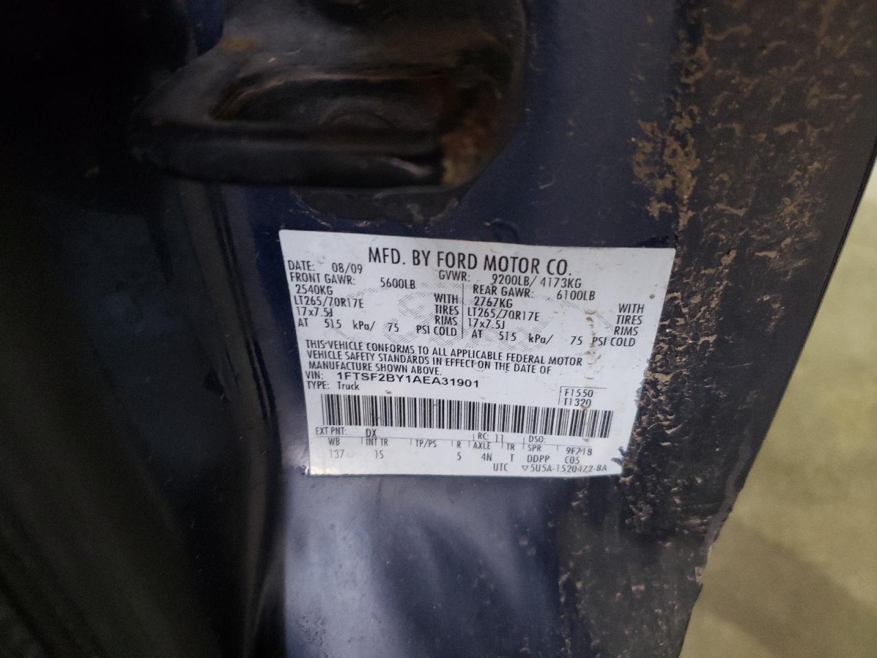 Photo 10 from auction – 2010 FORD F250 SUPER with VIN 1FTSF2BY1AEA31901