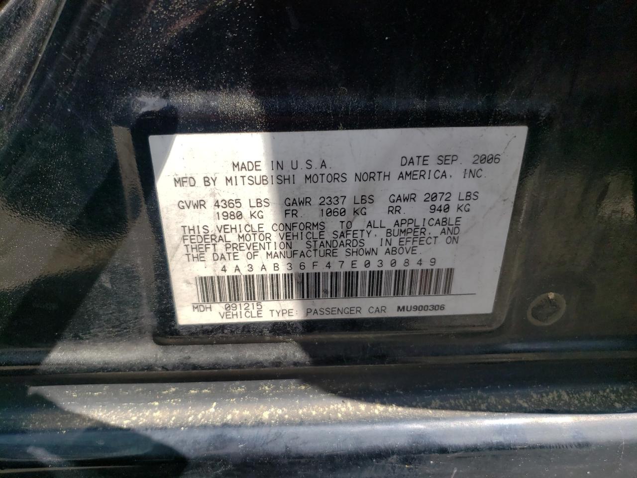 Photo 10 from auction – 2007 MITSUBISHI GALANT ES with VIN 4A3AB36F47E030849