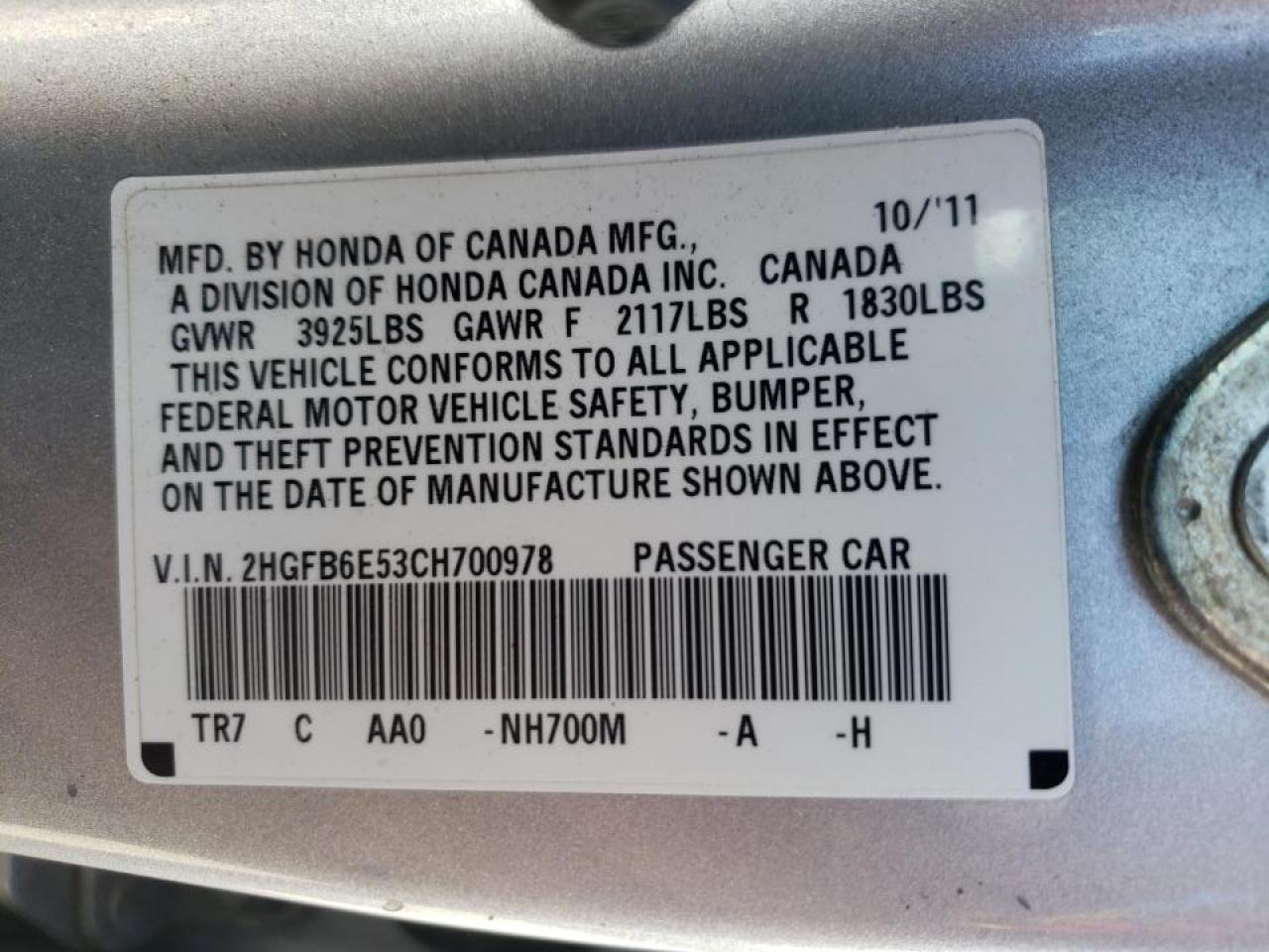 Photo 10 from auction – 2012 HONDA CIVIC SI with VIN 2HGFB6E53CH700978