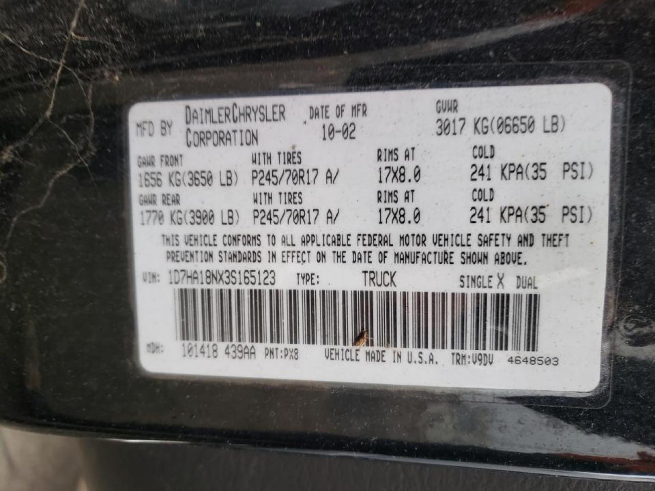 Photo 10 from auction – 2003 DODGE RAM 1500 S with VIN 1D7HA18NX3S165123