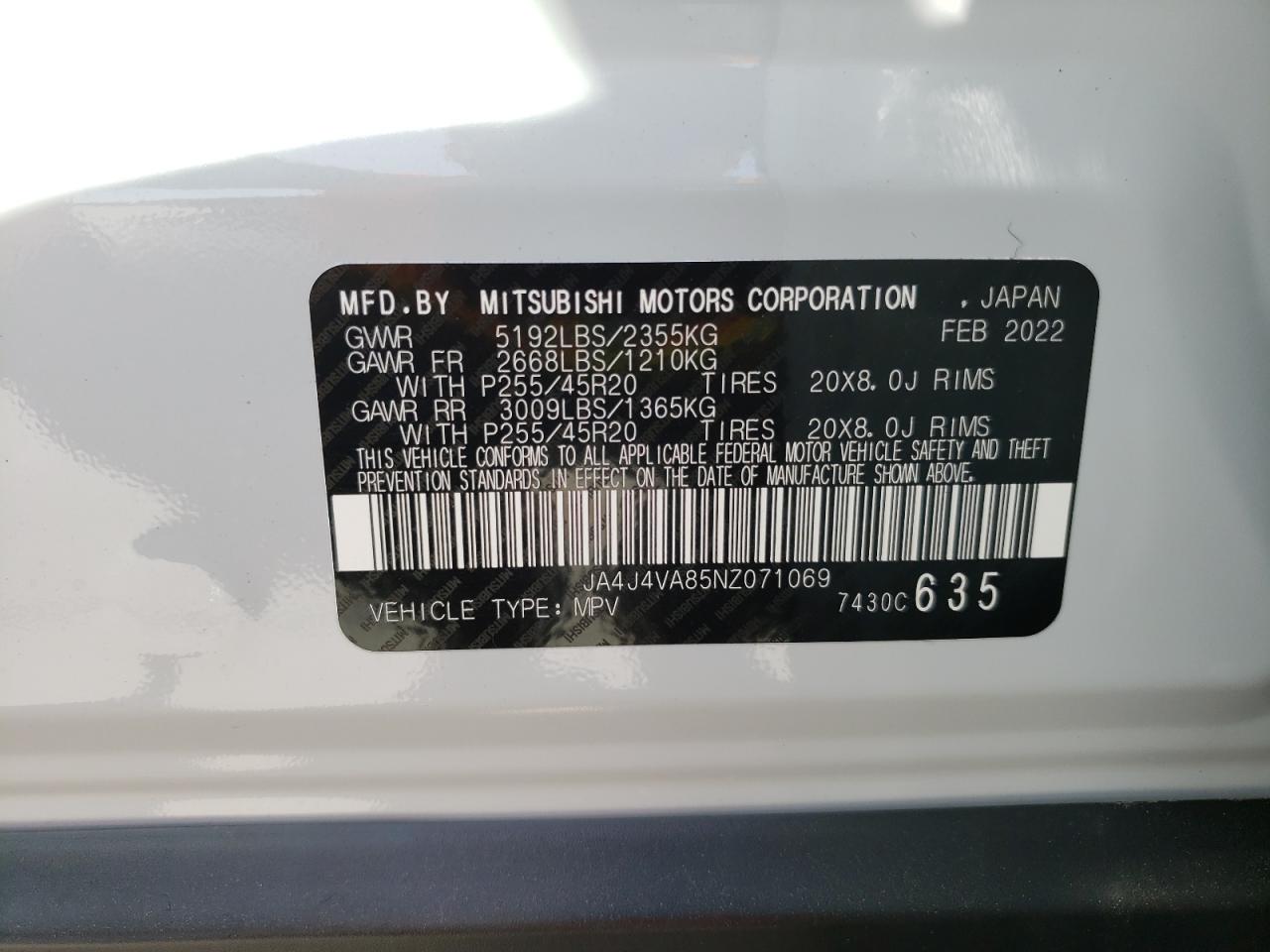 Photo 10 from auction – 2022 MITSUBISHI OUTLANDER with VIN JA4J4VA85NZ071069