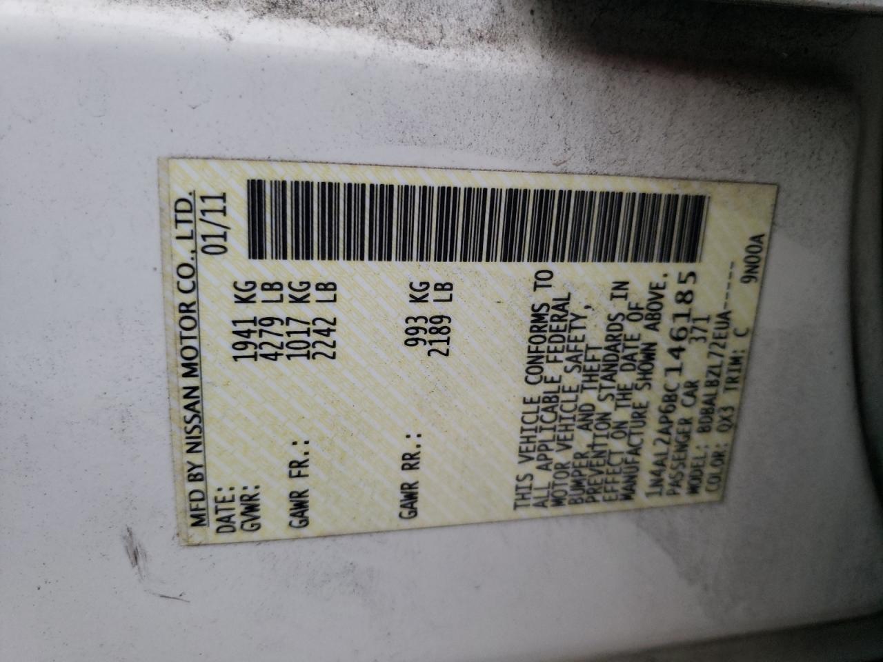 Photo 10 from auction – 2011 NISSAN ALTIMA BAS with VIN 1N4AL2AP6BC146185
