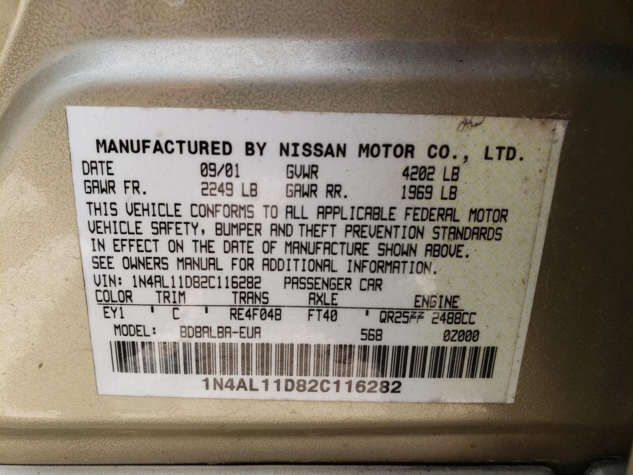 Photo 10 from auction – 2002 NISSAN ALTIMA BAS with VIN 1N4AL11D82C116282