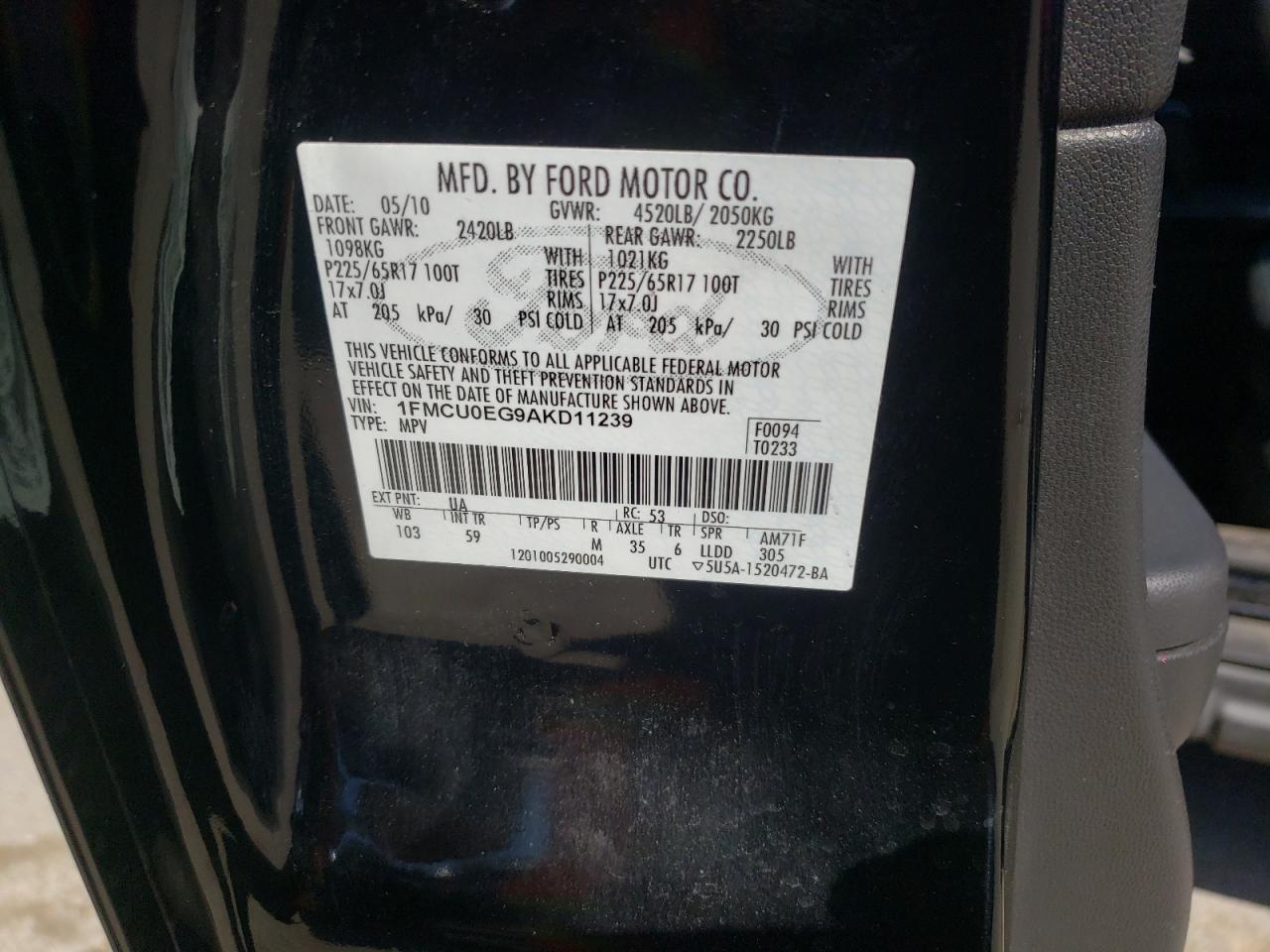 Photo 10 from auction – 2010 FORD ESCAPE LIM with VIN 1FMCU0EG9AKD11239