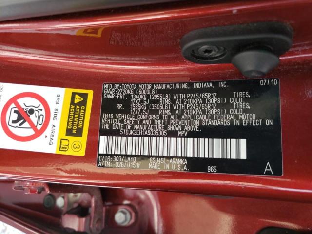 Photo 10 from auction – 2010 TOYOTA HIGHLANDER with VIN 5TDJK3EH1AS035305