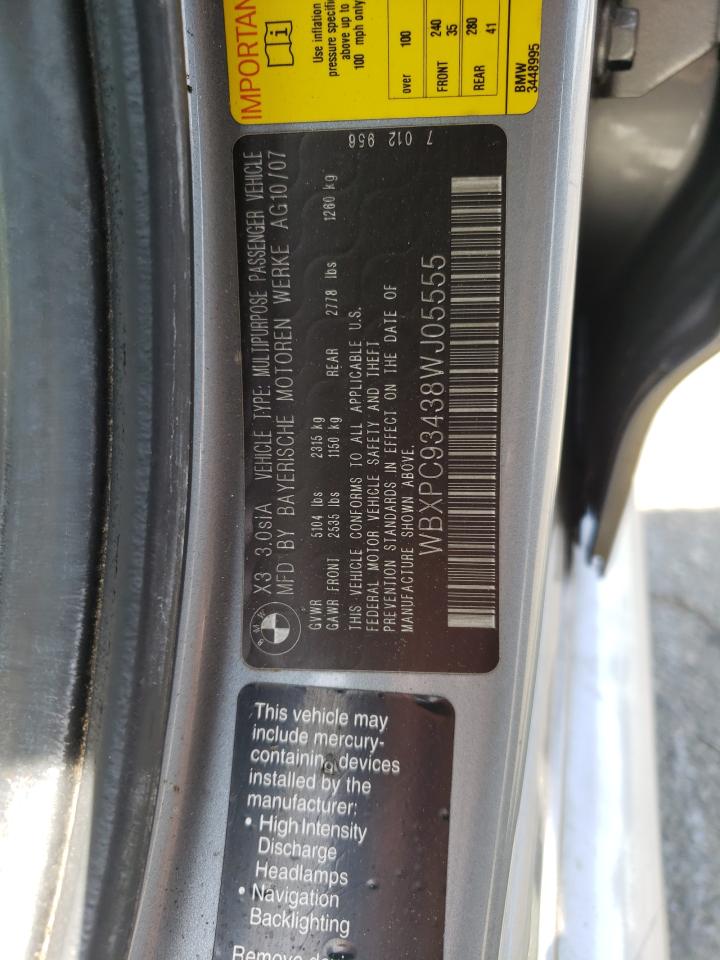 Photo 10 from auction – 2008 BMW X3 3.0SI with VIN WBXPC93438WJ05555