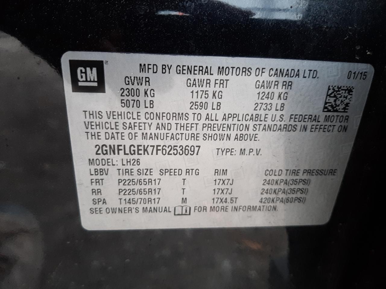 Photo 10 from auction – 2015 CHEVROLET EQUINOX LT with VIN 2GNFLGEK7F6253697