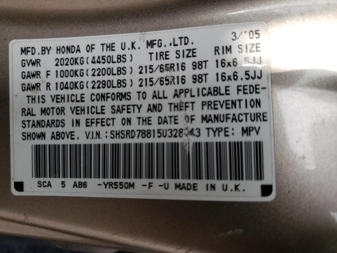 Photo 10 from auction – 2005 HONDA CR-V EX with VIN SHSRD78815U328043
