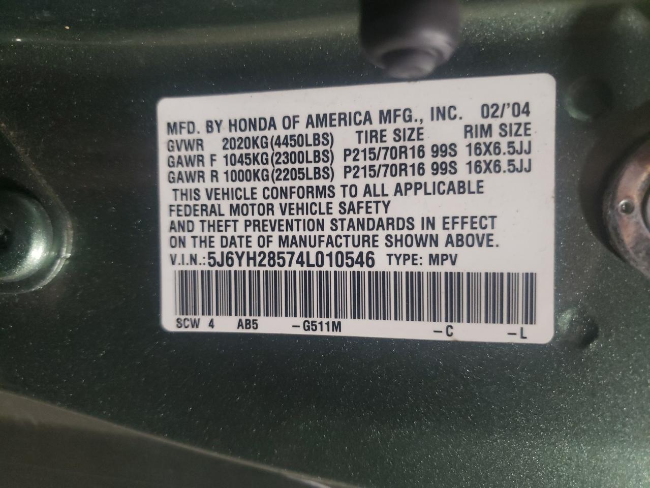 Photo 10 from auction – 2004 HONDA ELEMENT EX with VIN 5J6YH28574L010546