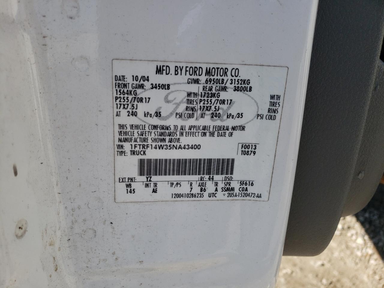 Photo 10 from auction – 2005 FORD F150 with VIN 1FTRF14W35NA43400
