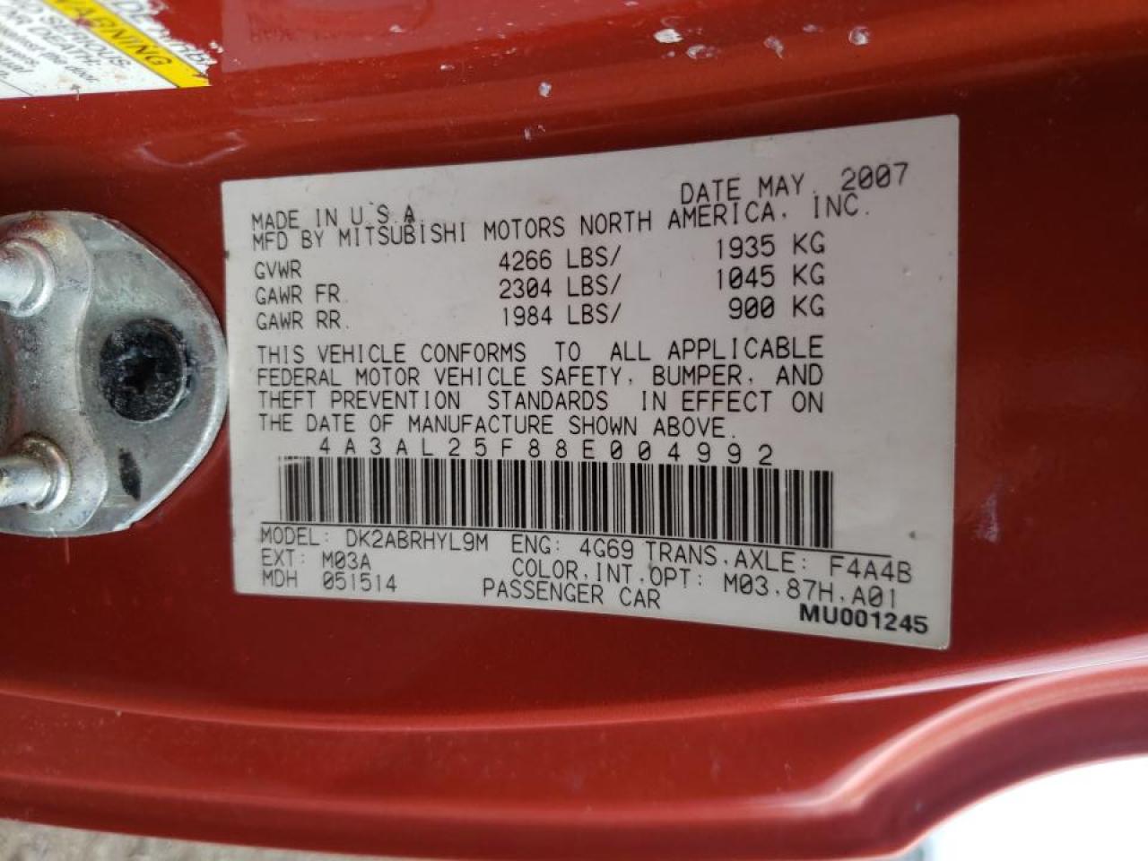 Photo 10 from auction – 2008 MITSUBISHI ECLIPSE SP with VIN 4A3AL25F88E004992