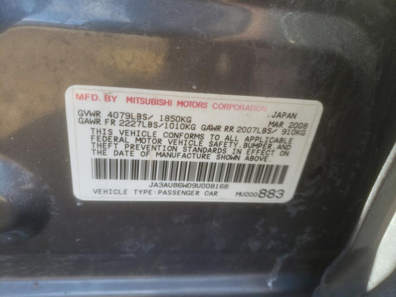 Photo 10 from auction – 2009 MITSUBISHI LANCER GTS with VIN JA3AU86W09U008168
