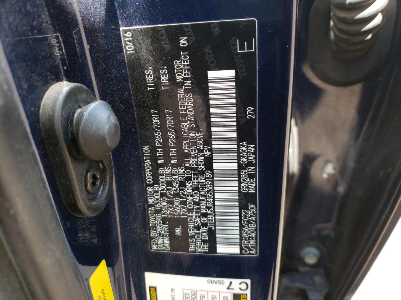 Photo 10 from auction – 2016 TOYOTA 4RUNNER SR with VIN JTEBU5JR4G5389189