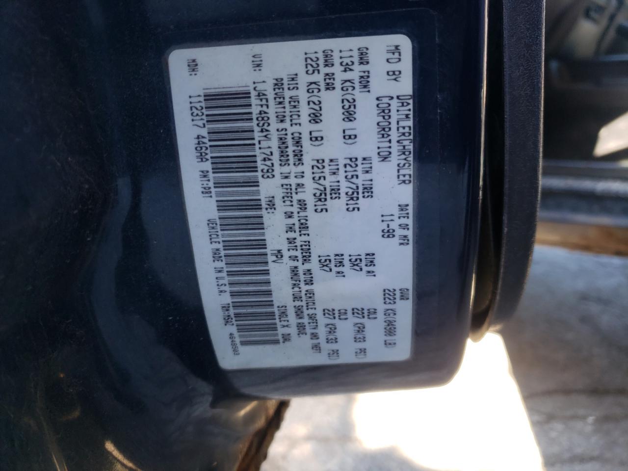 Photo 10 from auction – 2000 JEEP CHEROKEE S with VIN 1J4FF48S4YL174793