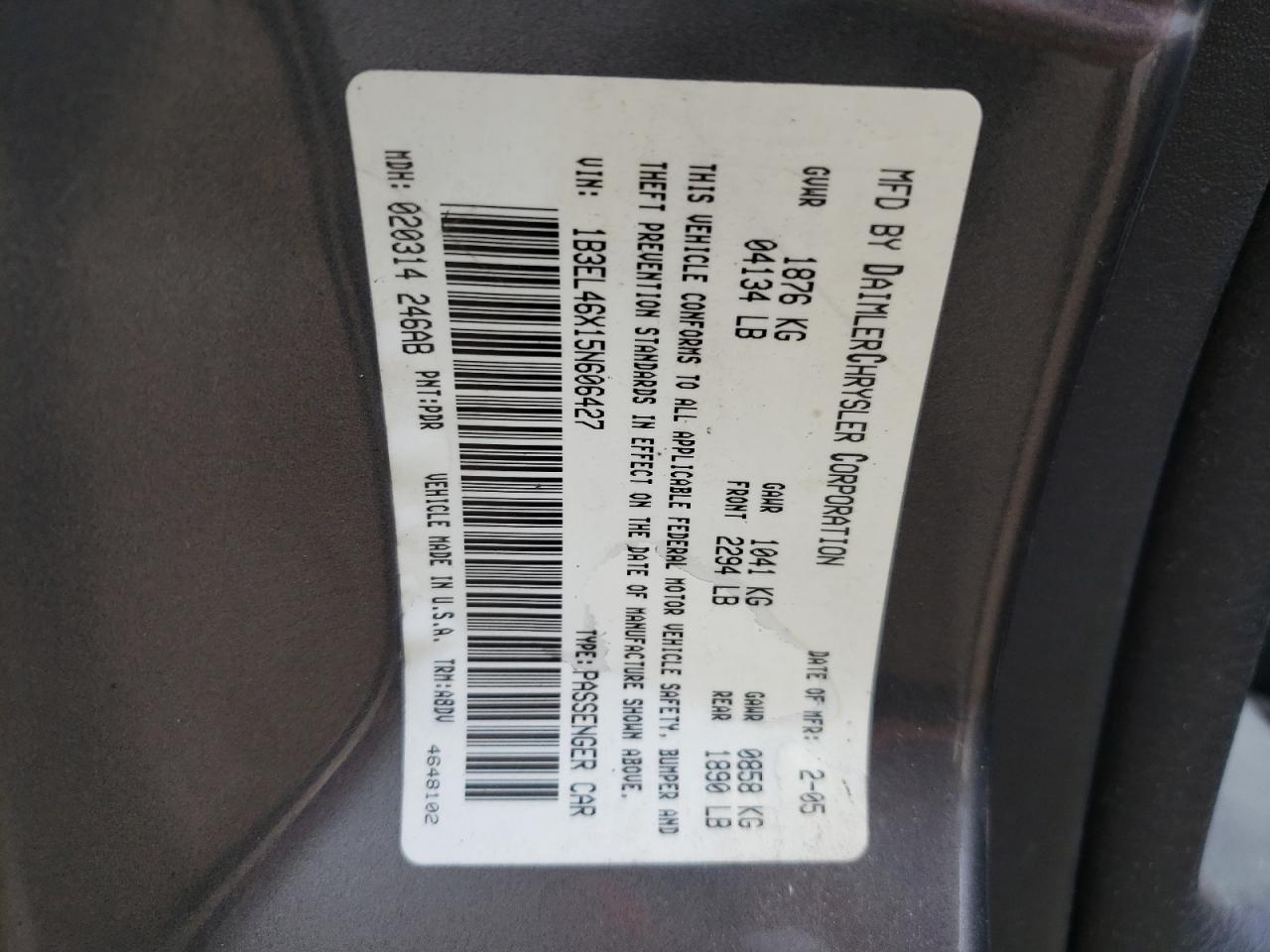 Photo 10 from auction – 2005 DODGE STRATUS SX with VIN 1B3EL46X15N606427
