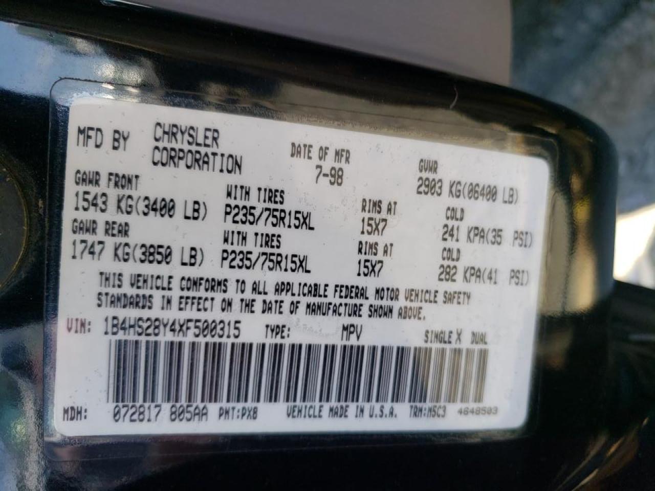Photo 10 from auction – 1999 DODGE DURANGO with VIN 1B4HS28Y4XF500315