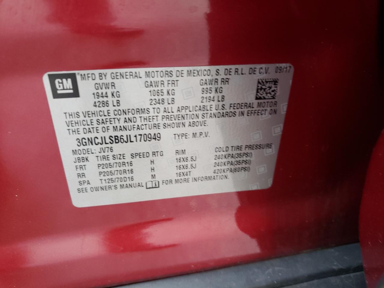 Photo 10 from auction – 2018 CHEVROLET TRAX 1LT with VIN 3GNCJLSB6JL170949