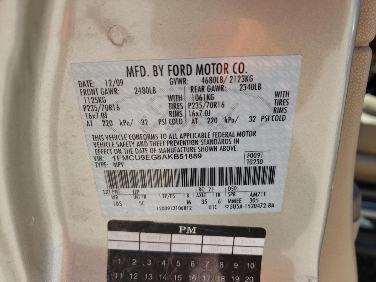 Photo 10 from auction – 2010 FORD ESCAPE LIM with VIN 1FMCU9EG8AKB51889