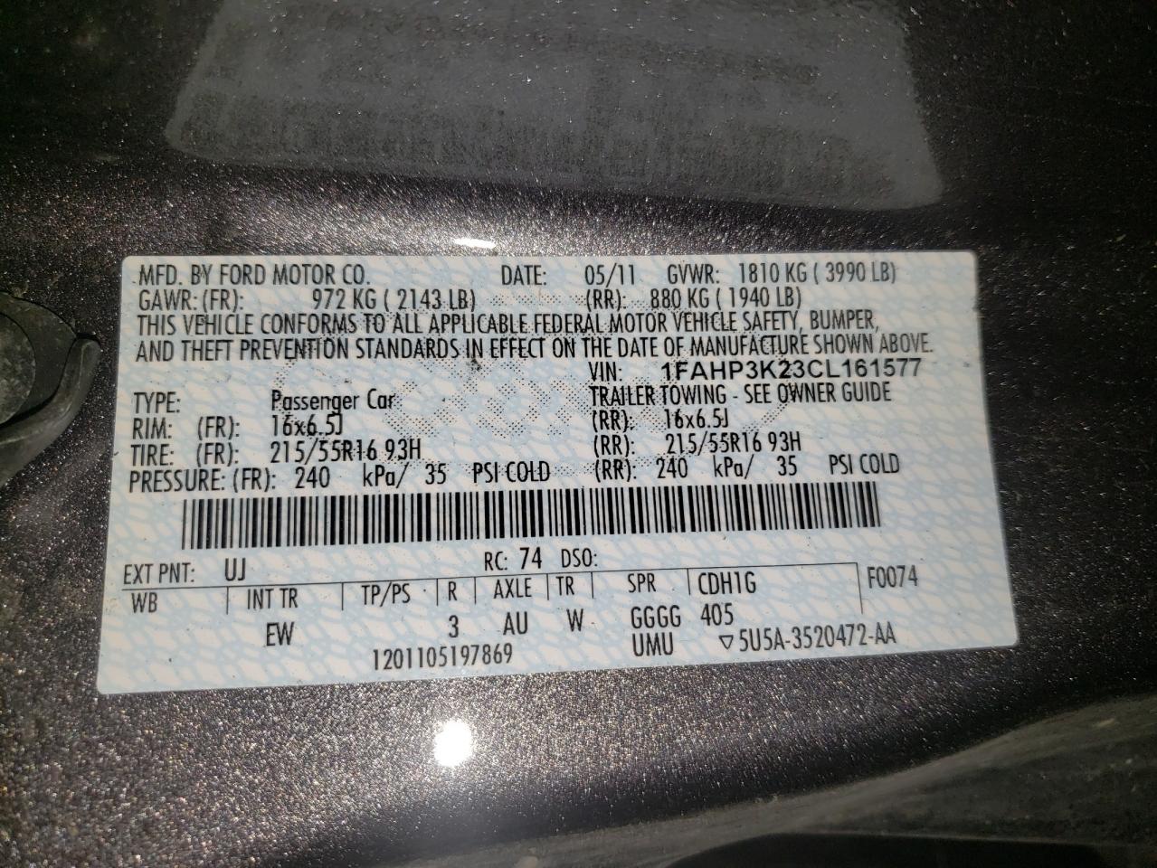 Photo 10 from auction – 2012 FORD FOCUS SE with VIN 1FAHP3K23CL161577