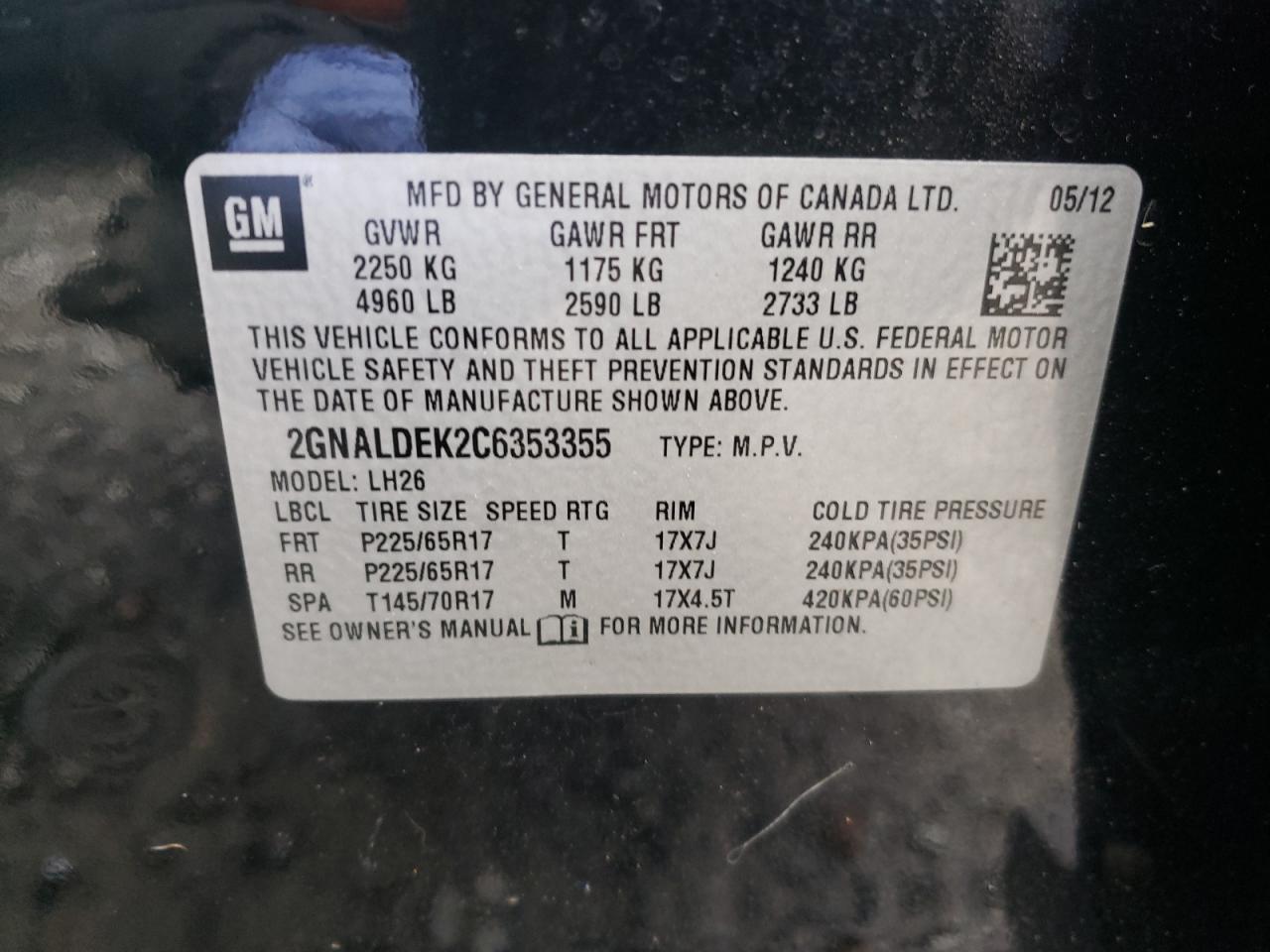 Photo 10 from auction – 2012 CHEVROLET EQUINOX LT with VIN 2GNALDEK2C6353355
