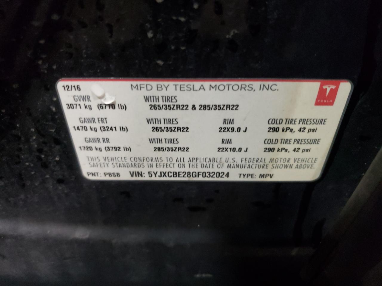 Photo 10 from auction – 2016 TESLA MODEL X with VIN 5YJXCBE28GF032024