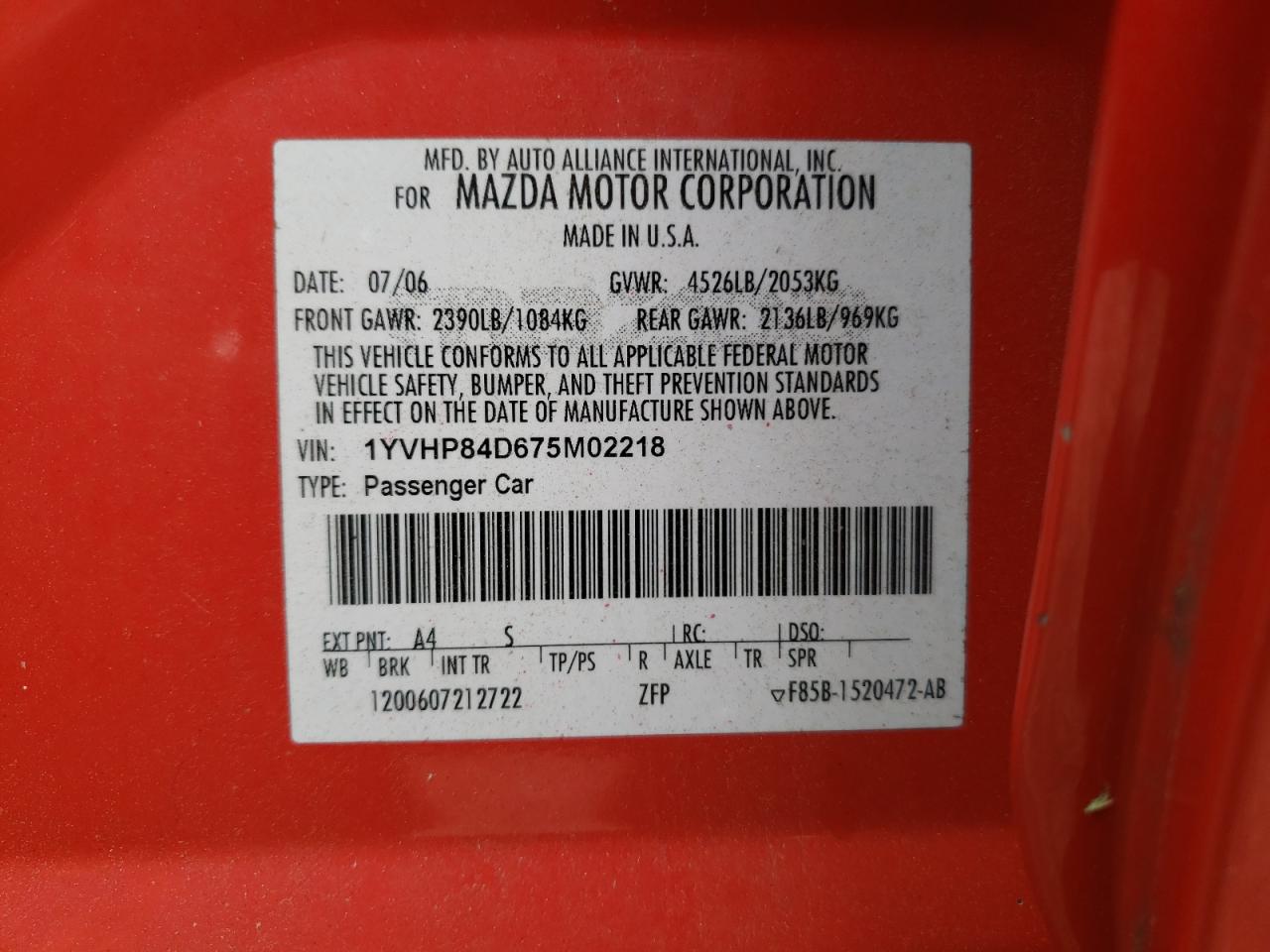Photo 10 from auction – 2007 MAZDA 6 S with VIN 1YVHP84D675M02218