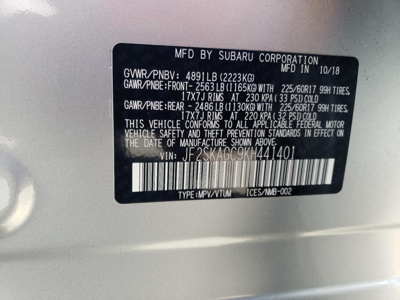 Photo 10 from auction – 2019 SUBARU FORESTER P with VIN JF2SKAGC9KH441401