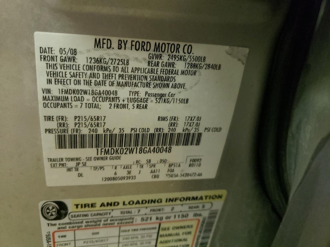 Photo 10 from auction – 2008 FORD TAURUS X S with VIN 1FMDK02W18GA40048