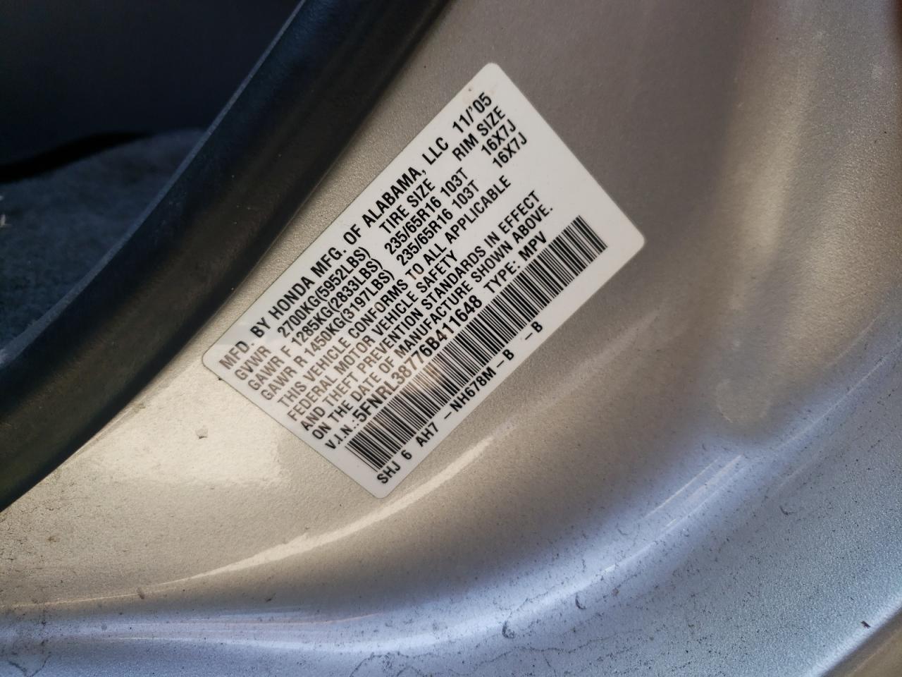 Photo 10 from auction – 2006 HONDA ODYSSEY EX with VIN 5FNRL38776B411648