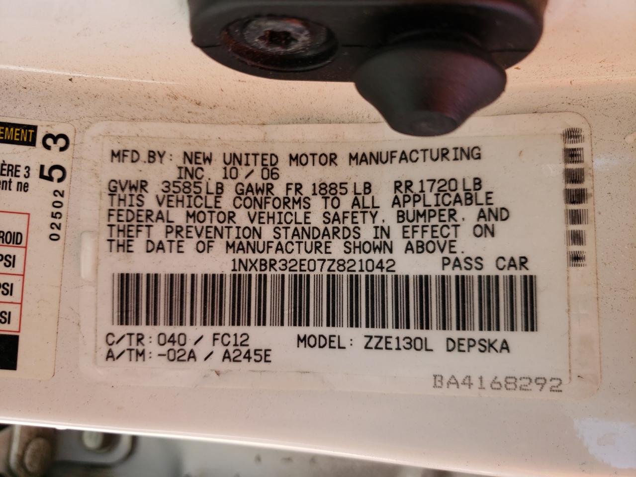 Photo 10 from auction – 2007 TOYOTA COROLLA CE with VIN 1NXBR32E07Z821042