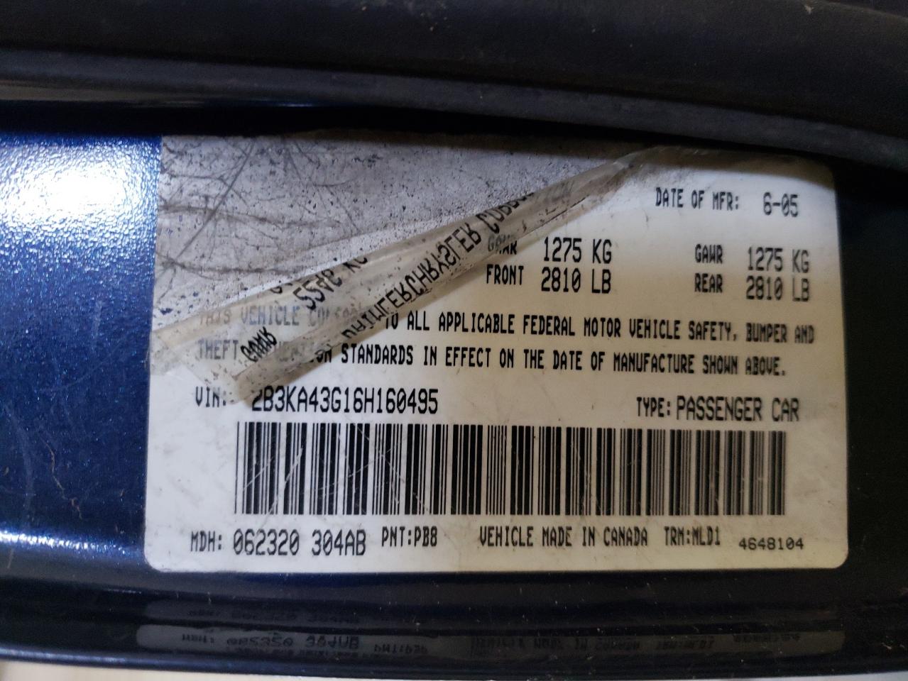 Photo 10 from auction – 2006 DODGE CHARGER SE with VIN 2B3KA43G16H160495