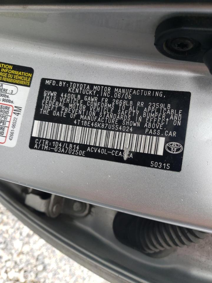 Photo 10 from auction – 2007 TOYOTA CAMRY CE with VIN 4T1BE46K87U554024