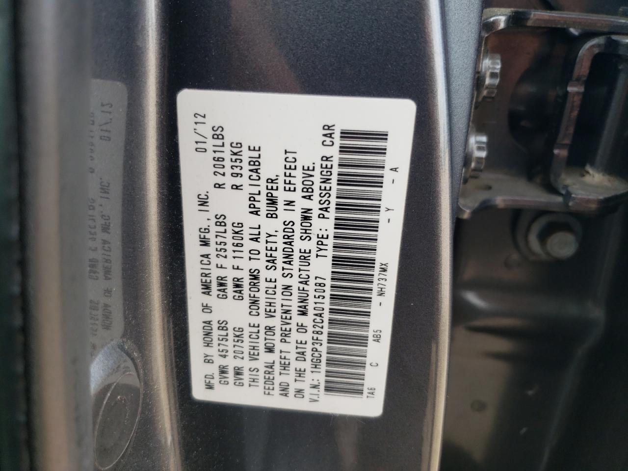 Photo 10 from auction – 2012 HONDA ACCORD EXL with VIN 1HGCP3F82CA015087