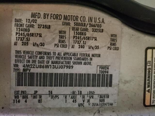 Photo 10 from auction – 2003 MERCURY MOUNTAINEE with VIN 4M2ZU86W13UJ07989