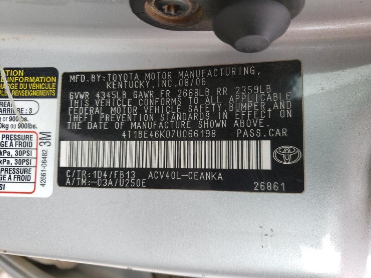 Photo 10 from auction – 2007 TOYOTA CAMRY CE with VIN 4T1BE46K07U066198