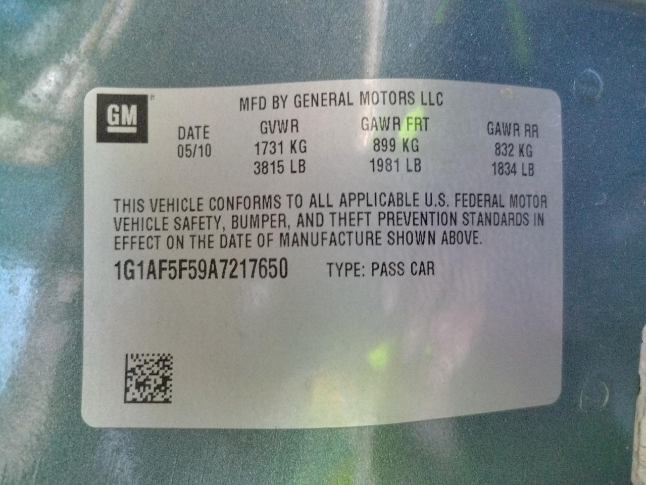 Photo 10 from auction – 2010 CHEVROLET COBALT 2LT with VIN 1G1AF5F59A7217650