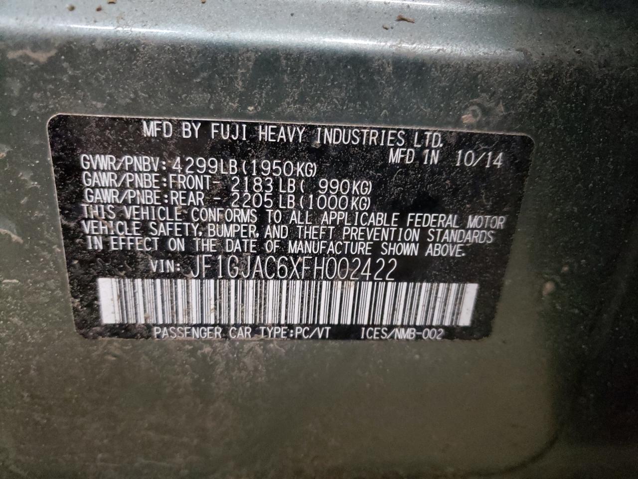 Photo 10 from auction – 2015 SUBARU IMPREZA PR with VIN JF1GJAC6XFH002422