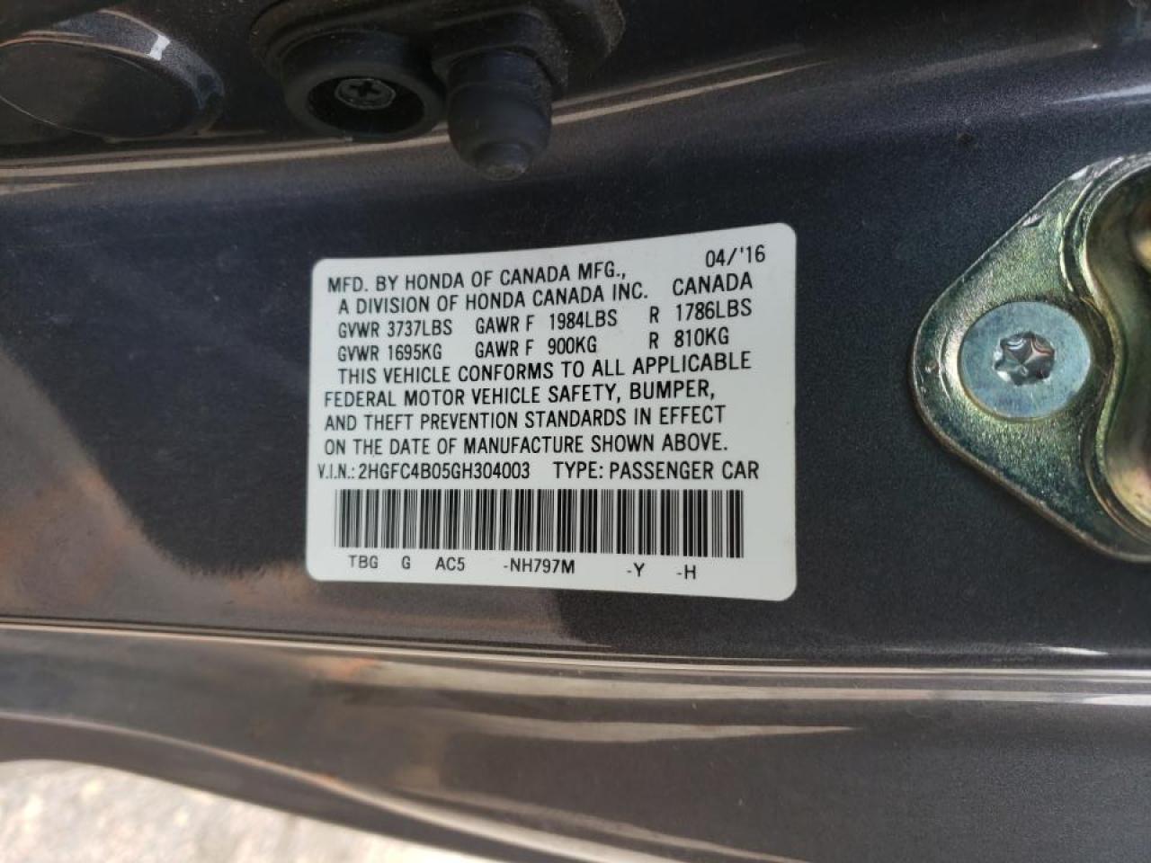 Photo 10 from auction – 2016 HONDA CIVIC LX with VIN 2HGFC4B05GH304003