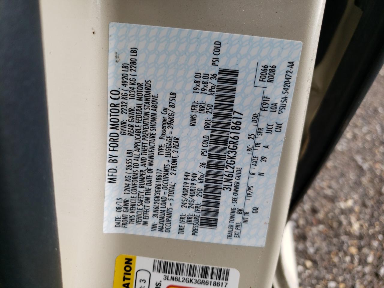 Photo 10 from auction – 2016 LINCOLN MKZ with VIN 3LN6L2GK3GR618617