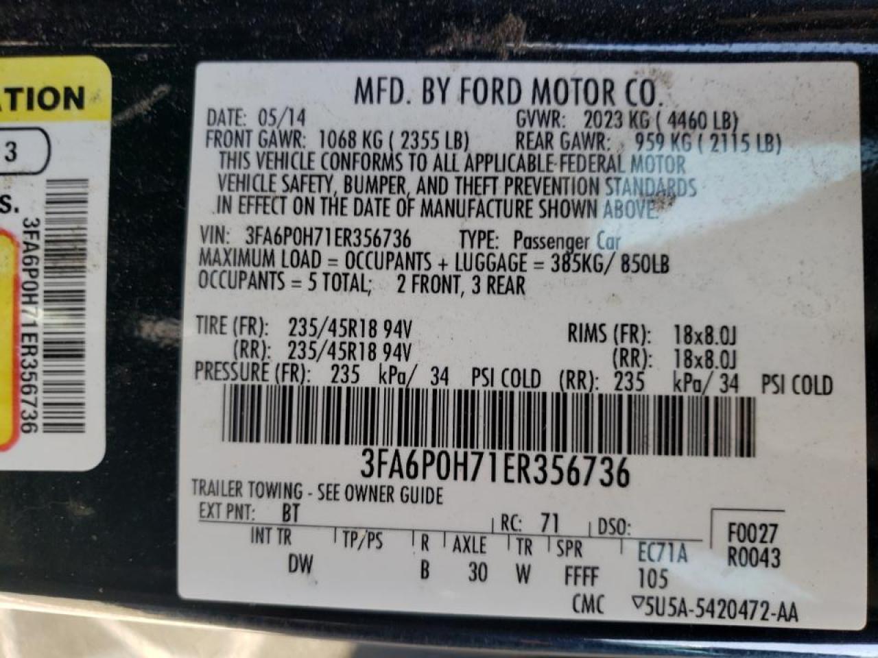 Photo 10 from auction – 2014 FORD FUSION SE with VIN 3FA6P0H71ER356736