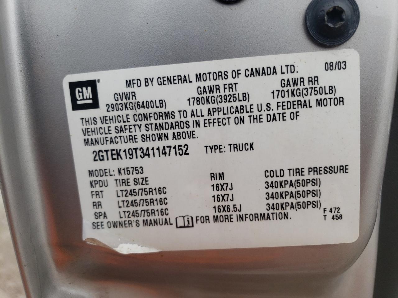 Photo 10 from auction – 2004 GMC NEW SIERRA with VIN 2GTEK19T341147152