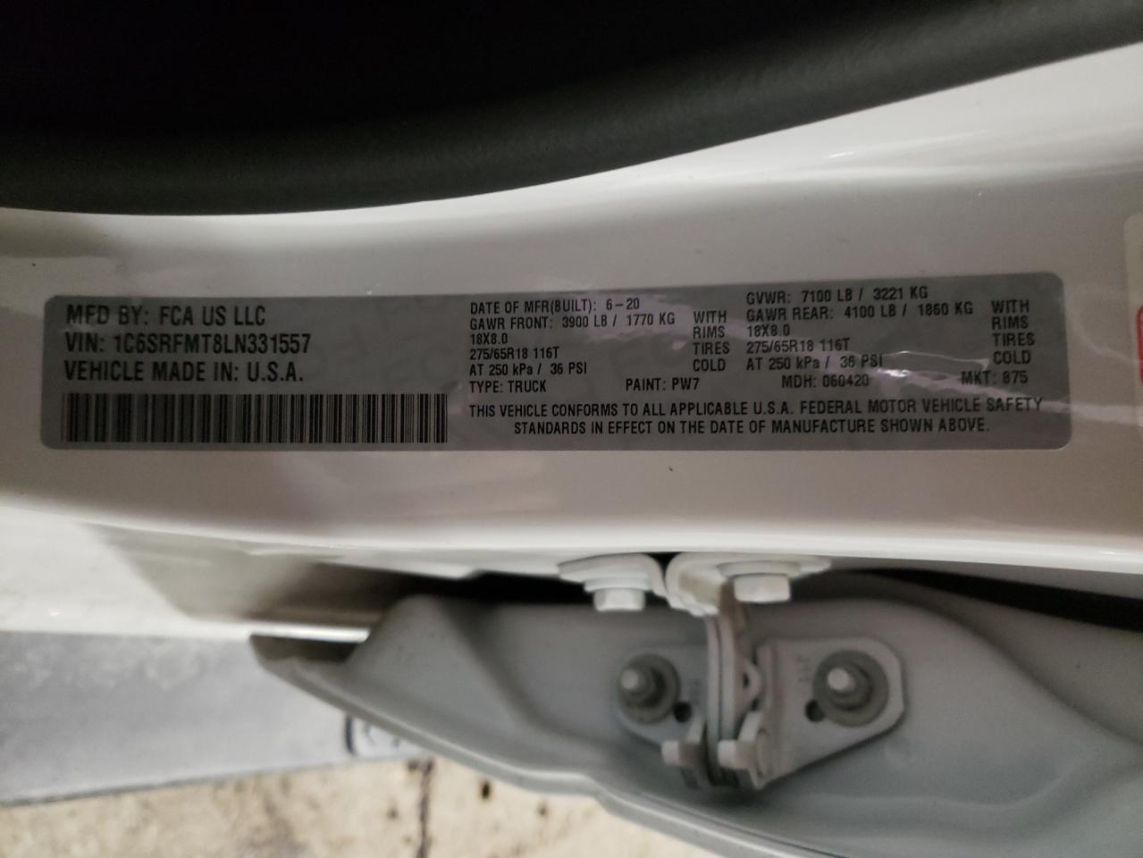 Photo 10 from auction – 2020 RAM 1500 BIG H with VIN 1C6SRFMT8LN331557