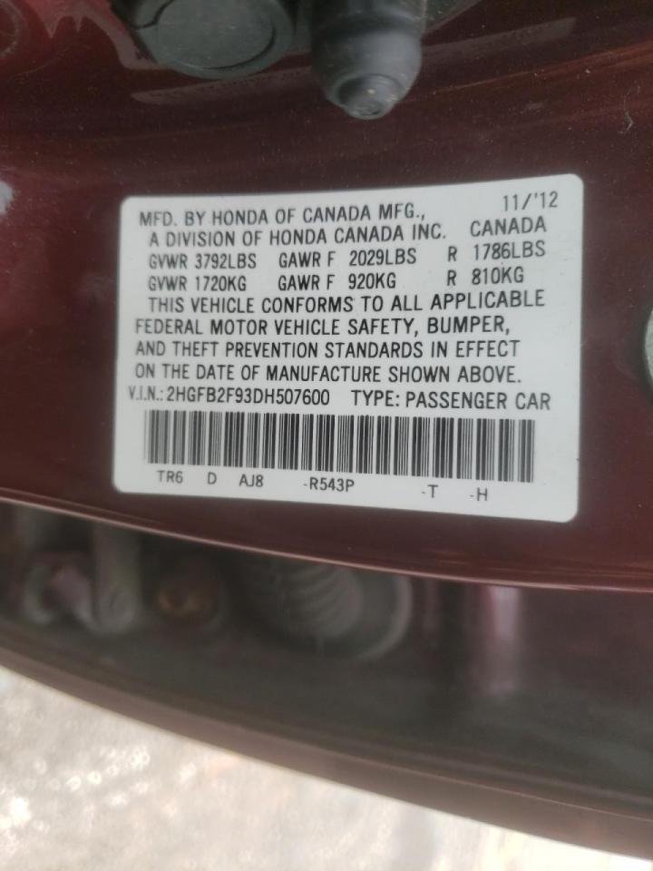 Photo 10 from auction – 2013 HONDA CIVIC EXL with VIN 2HGFB2F93DH507600