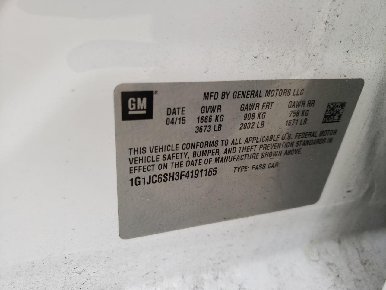 Photo 10 from auction – 2015 CHEVROLET SONIC LT with VIN 1G1JC6SH3F4191165